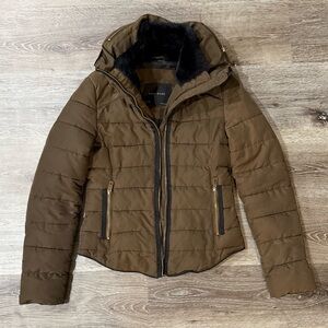 Zara Winter Jacket Green with Gold Zippers Fur Zip-In Hood Size XS